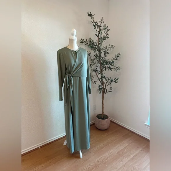 slim fit dress slacks Modest Almond Green Evening Dress  Quzey